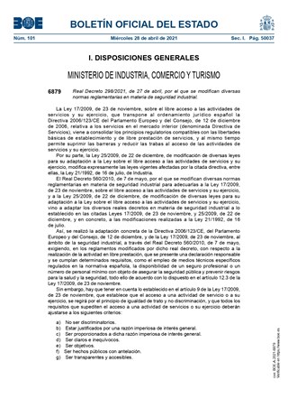 Real Decreto 298/2021, de 27 de abril.